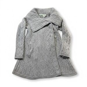 ARAN CRAFTS Irish Cable Knit Wool Natural Grey Semi-Long 3 Button Cardigan